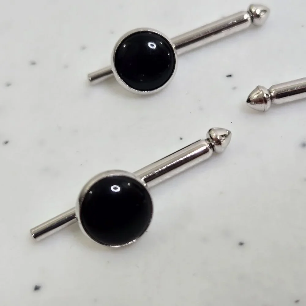 Swank Tuxedo Studs Black Silver Tone Black Onyx Stone Circle Shiny
